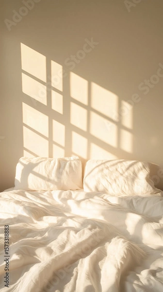 Fototapeta Soft morning light casts patterned shadows on a neatly made bed with white linens in a cozy bedroom