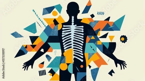 Fototapeta Abstract illustration of a human skeleton surrounded by colorful geometric shapes representing the body and health.
