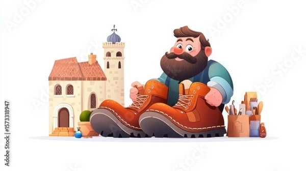 Fototapeta A cartoon-like shoemaker with oversized boots in front of a quaint building, emphasizing craftsmanship and creativity.