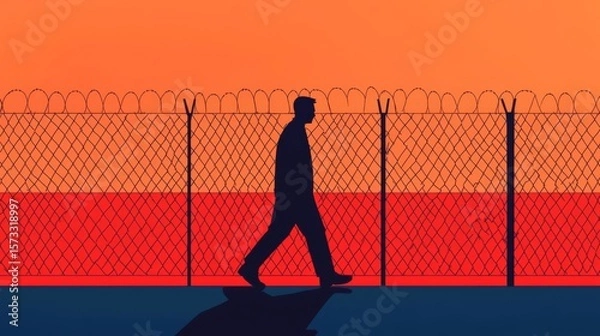 Fototapeta A silhouette of a man walking beside a barbed wire fence under a dramatic sunset sky, symbolizing confinement.