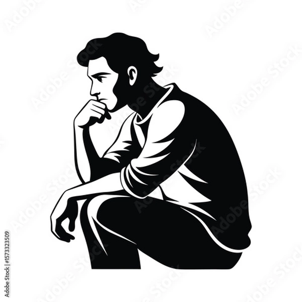 Fototapeta "Thinking Man Silhouette Illustration in Black and White Vector Style"