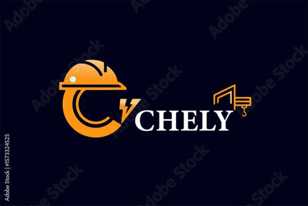 Fototapeta Industrial construction logo with orange helmet and lightning bolt forming letter C. Includes crane icon. Modern and professional design on dark background.