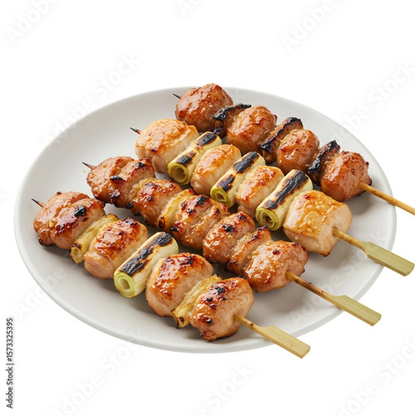 Obraz Grilled Chicken Yakitori Skewers with Green Onions on White Plate