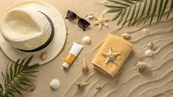 Obraz Beach vacation essentials arranged on warm sand featuring a straw hat, sunglasses, towel, sunscreen and seashells for a summer getaway