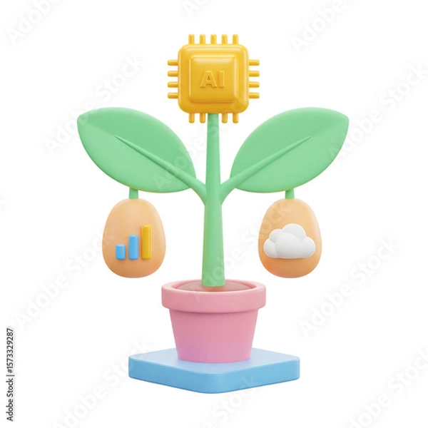 Fototapeta 3D AI growth concept. Plant with AI chip, data chart, and cloud computing. Isolated on transparent background, png