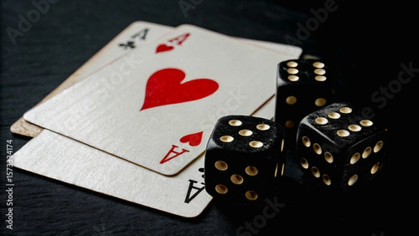 Fototapeta Close-up of playing cards and dice on a black surface, representing gambling, luck, and the thrill of casino games.