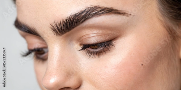 Obraz Close up of a young woman's face with sparkling makeup on her eyebrows and eyelids