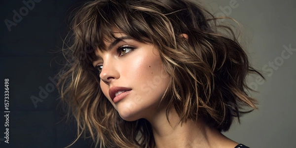 Obraz Stunning woman with sparkling hair accessories and tousled waves looking sideways with a soft expression