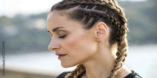 Obraz Close Up of a Woman with Braids and Closed Eyes Outdoors