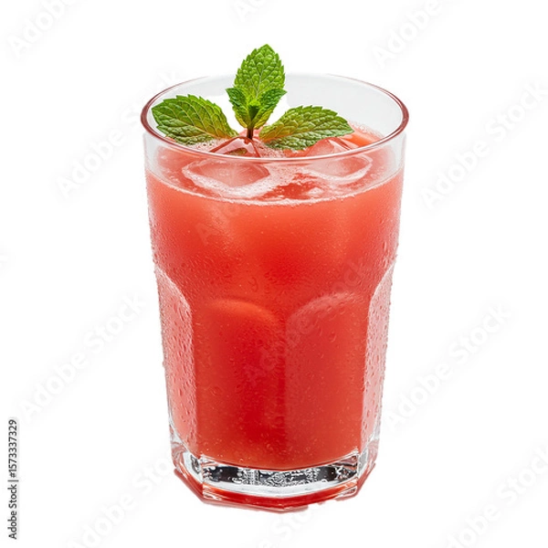 Fototapeta Refreshing watermelon juice in a glass with ice and mint on a white background 