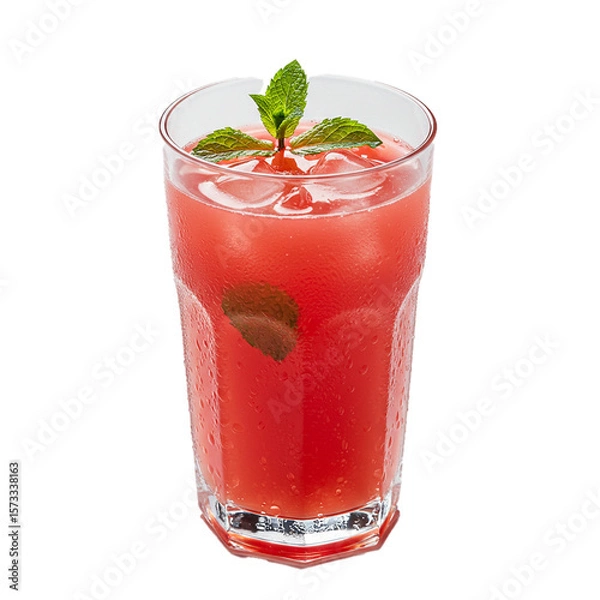 Fototapeta Refreshing watermelon juice in a glass with ice and mint on a white background  