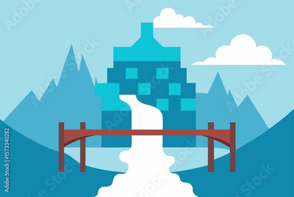 Fototapeta wooden-bridge-crossing-misty-waterfall-in-southeas