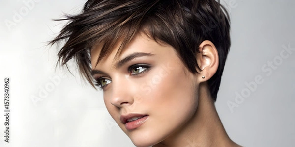 Obraz Elegant Woman With Short Tousled Hairstyle and Subtle Sparkle Accents
