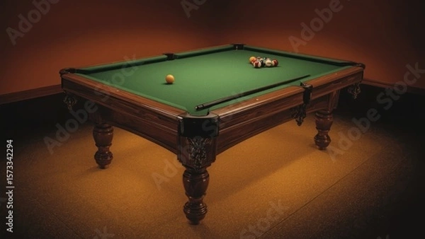 Fototapeta A top-down view of a pool table with balls racked and cues.