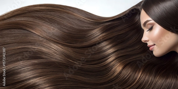 Obraz A beautiful woman with long flowing dark brown hair demonstrates healthy lustrous strands and a radiant complexion