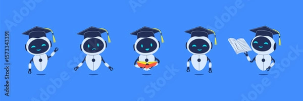 Obraz Set of cute robots in mortarboard. Vector characters in graduation caps for education, student chatbot and school assistant characters