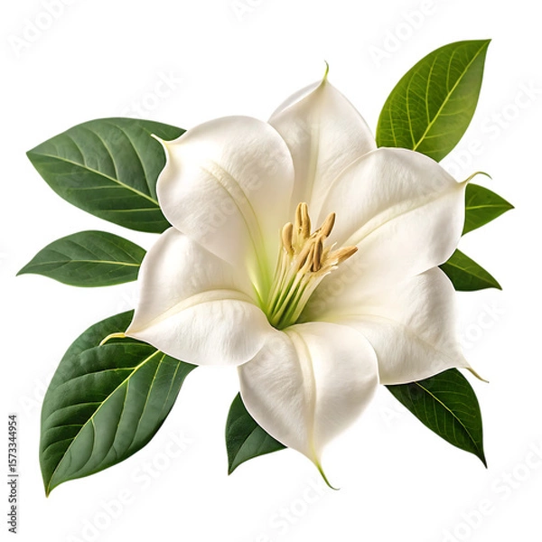 Obraz Elegant white datura flower with green leaves isolated on transparent background