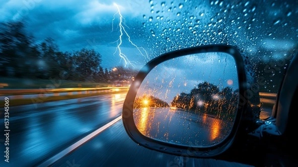 Fototapeta Car driving on a wet road with lightning flashing in the rearview mirror during a storm at night