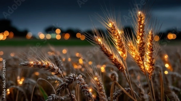 Fototapeta Glowing golden wheat stalks in soft illumination