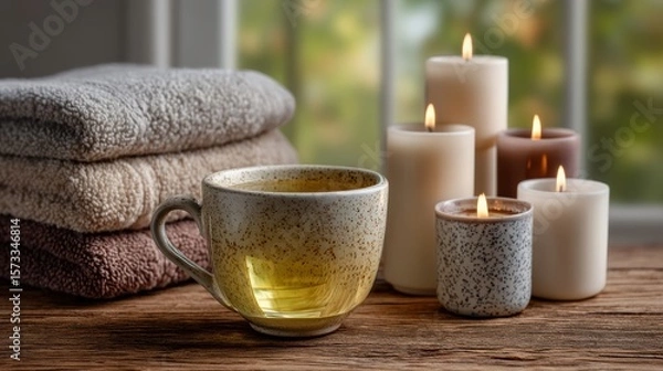 Fototapeta Serene spa setting with clear glass tea cup and relaxing atmosphere
