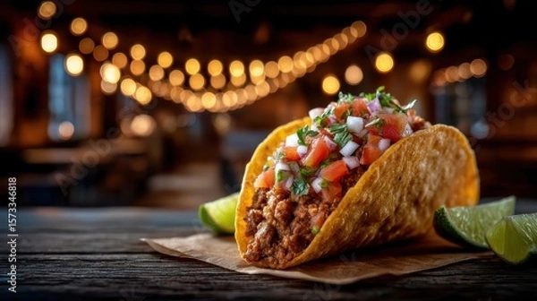 Fototapeta Golden hardshell taco filled with seasoned meat and toppings