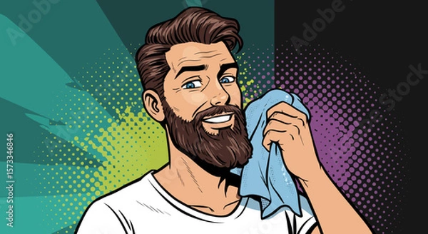 Obraz Man with Beard Wiping Face, Pop Art Style Illustration