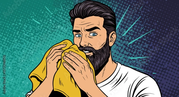 Obraz Man with Beard Cleaning Face with Yellow Cloth, Pop Art Style Illustration