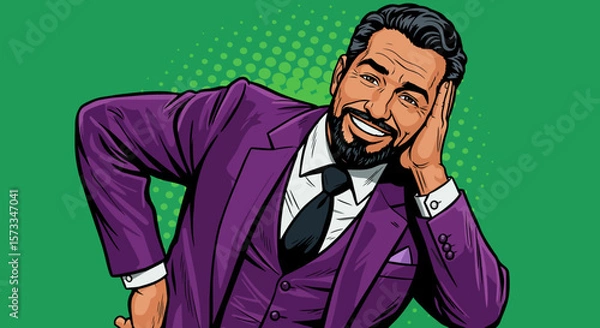Obraz Smiling Man in Purple Suit Listening Attentively Pop Art Style Illustration