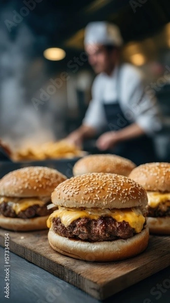 Fototapeta Perfectly grilled cheeseburgers on a platter