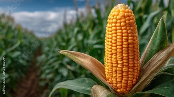Fototapeta Fresh ripe corn on the cob with golden yellow kernels