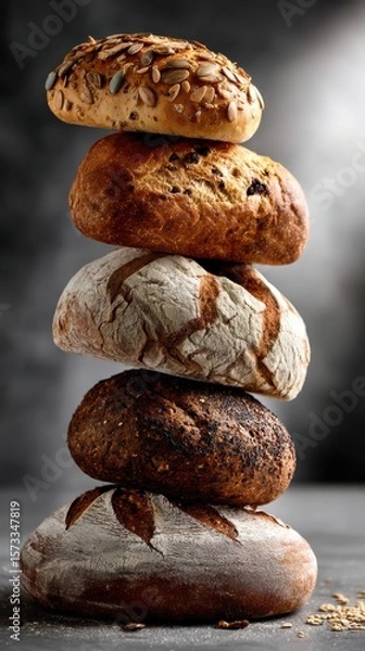 Fototapeta Artisanal bread loaves stacked for bakery display