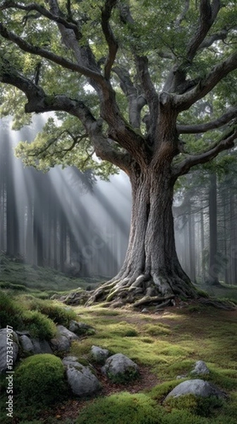 Fototapeta Majestic ancient tree with massive trunk and spreading canopy