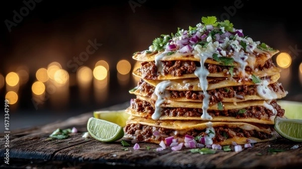Fototapeta Stack of six corn tortillas on a wooden surface
