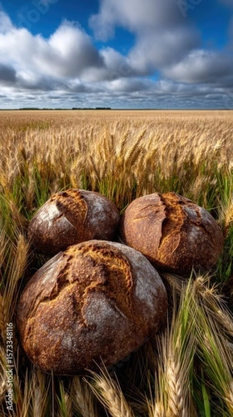 Fototapeta Rustic artisan bread loaves with golden wheat background