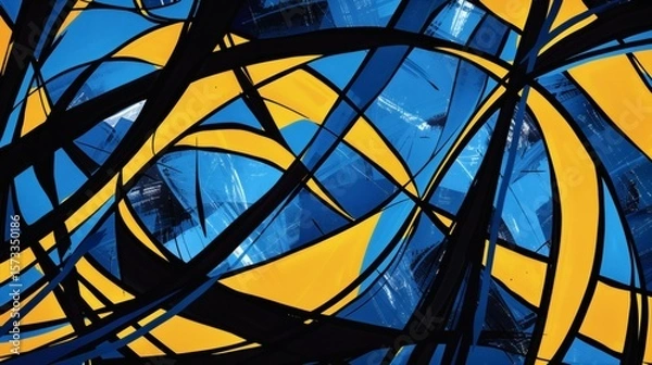 Fototapeta Abstract Art Background with Blue, Yellow, and Black Intersecting Lines