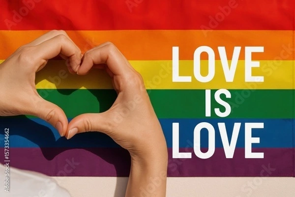 Fototapeta Hands forming heart shape in front of rainbow pride flag with Love Is Love text, symbolizing LGBTQ+ support, equality, and love