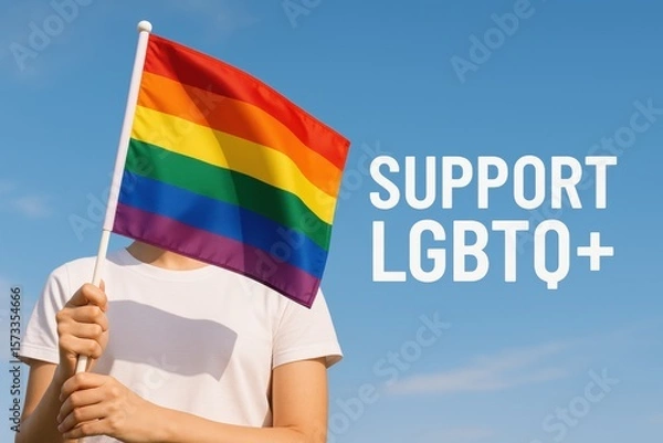 Fototapeta Person holding rainbow pride flag with text Support LGBTQ+ on clear blue sky background, symbol of equality and diversity