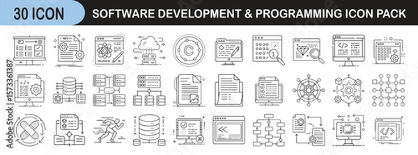 Fototapeta Outline icon set for software development and programming - Linear icons representing software engineering concepts such as coding, databases, debugging, APIs, UI/UX, cloud computing, and system