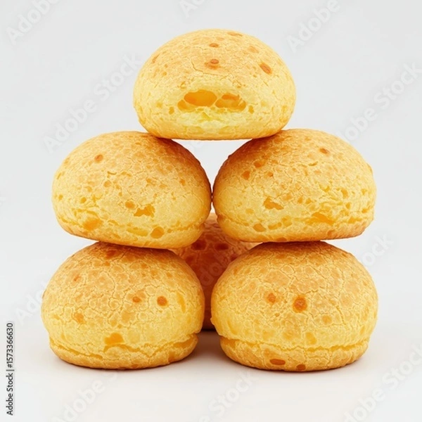 Fototapeta Light and chewy Brazilian cheese bread known as Pão de Queijo, stacked in a pyramid on a white plate.