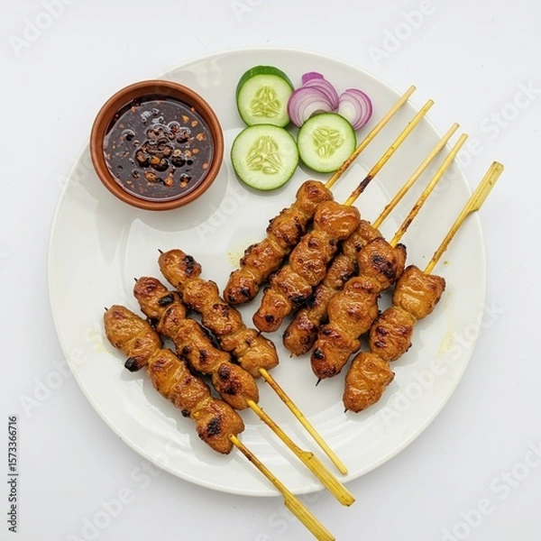 Fototapeta Thai-style chicken satay skewers grilled and served with spicy peanut sauce, cucumber, red onion and dipping sauce.