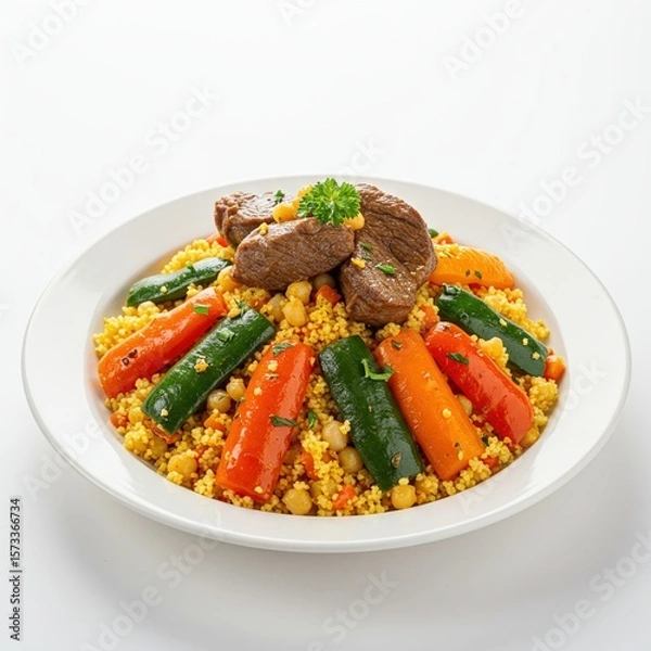 Fototapeta Colorful Moroccan couscous topped with tender lamb chunks, carrots, zucchini and chickpeas, served in a white bowl.