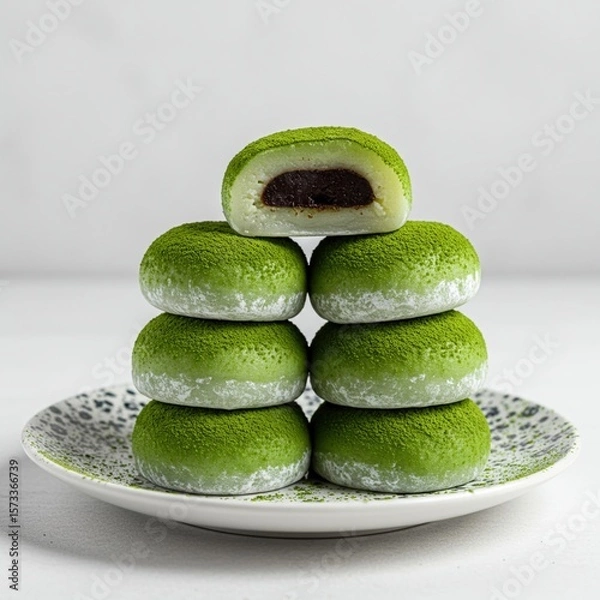 Fototapeta Japanese matcha mochi covered in green tea powder, filled with sweet red bean paste, stacked on a ceramic plate.