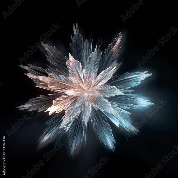 Obraz Abstract ice crystal flower lens flare on black background. Glowing frosty light effect, winter-themed sparkles, fantasy floral shape, magical optical glow.
