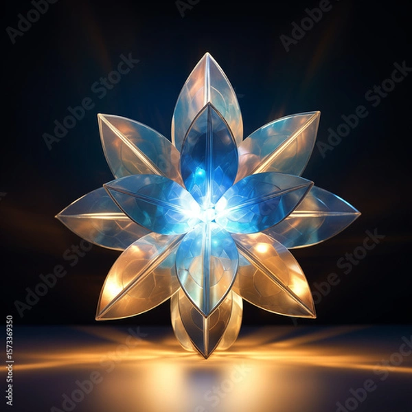 Obraz Abstract ice crystal flower lens flare on black background. Glowing frosty light effect, winter-themed sparkles, fantasy floral shape, magical optical glow.