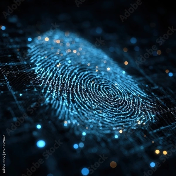 Fototapeta Futuristic Glowing Blue Fingerprint with Circuit Network. Digital Identity and Cybersecurity Concept. Illustration in High-Tech Interface Style on Dark Blue Background.