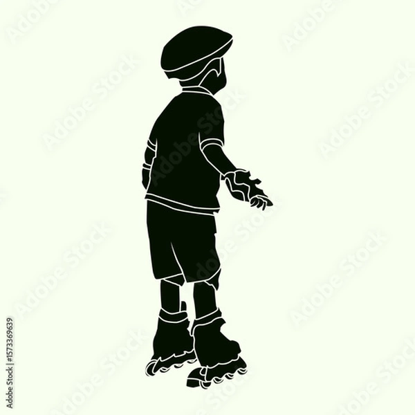 Fototapeta Rear view silhouette of a boy roller skating with helmet and protective gear. Ideal for sport, kids' activity, or motion-themed illustrations.