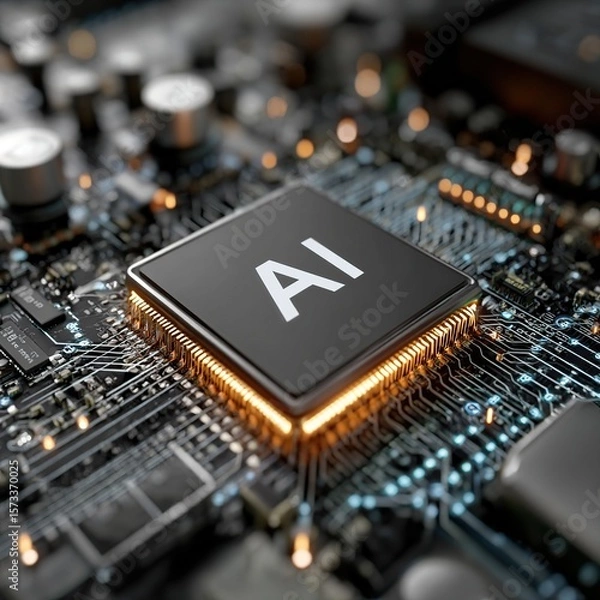 Fototapeta Digital Rendering of AI CPU on Blue Circuit Board with Glowing Orange Pins. Futuristic High-Tech Motherboard Close-Up Highlighting Advanced Artificial Intelligence Hardware.