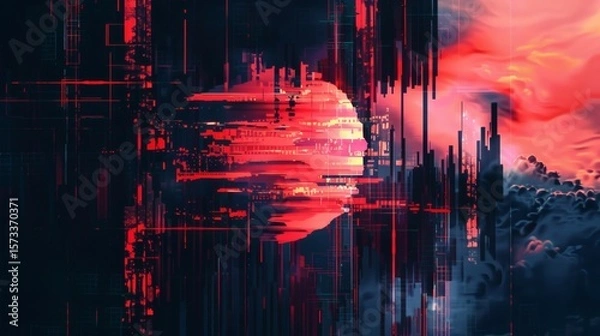 Fototapeta Abstract Glitch Art Red Moonscape Background with Cyberpunk Cityscape