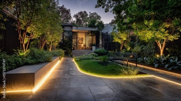 Fototapeta Illuminated Backyard Oasis: Modern Landscape Design with Warm Lighting