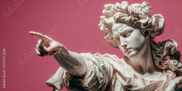 Fototapeta Marble Statue of Woman in Classical Robes Pointing Against Soft Pink Background. Neoclassical Art Style with Elegant Sculptural Detail and Minimalist Aesthetic.